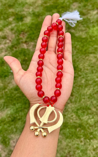Sikh Khanda Hanger Car Rear Mirror Gold Plated Pendant Red Mala Singh Kaur ZZZ17