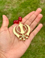 Sikh Khanda Hanger Car Rear Mirror Gold Plated Pendant Red Mala Singh Kaur ZZZ17