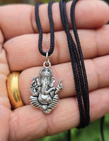 Sri Ganesh Ji Gold or Silver colour Pendant Stainless Steel Hindu black dori Q36