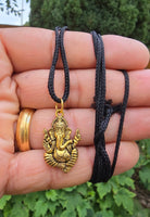 Sri Ganesh Ji Gold or Silver colour Pendant Stainless Steel Hindu black dori Q36