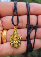 Sri Ganesh Ji Gold or Silver colour Pendant Stainless Steel Hindu black dori Q36