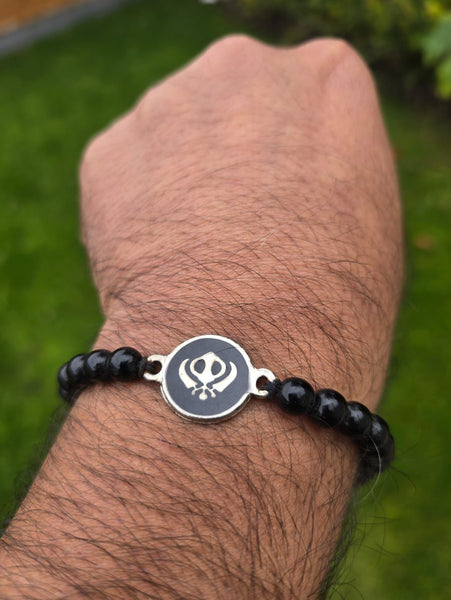 Sikh Khanda Bracelet Black Beads Adjustable Size Singh Kaur Evil Eye Protection
