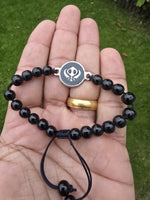 Sikh Khanda Bracelet Black Beads Adjustable Size Singh Kaur Evil Eye Protection