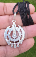 Sikh Khanda Pendant Chandi 925 Sterling Silver Necklace in Black Dori Singh Kaur Khalsa Handmade A31
