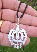 Sikh Khanda Pendant Chandi 925 Sterling Silver Necklace in Black Dori Singh Kaur Khalsa Handmade A31