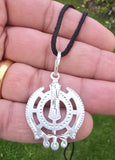 Sikh Khanda Pendant Chandi 925 Sterling Silver Necklace in Black Dori Singh Kaur Khalsa Handmade A31