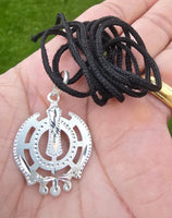 Sikh Khanda Pendant Chandi 925 Sterling Silver Necklace in Black Dori Singh Kaur Khalsa Handmade A31