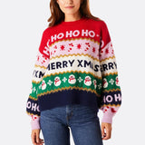 Women's Christmas Knit Sweater Pullovers Winter Fall Long Sleeve Round Neck Letter Snowflake Print Patchwork Knitwear Tops