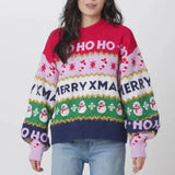 Women's Christmas Knit Sweater Pullovers Winter Fall Long Sleeve Round Neck Letter Snowflake Print Patchwork Knitwear Tops