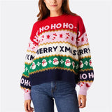 Women's Christmas Knit Sweater Pullovers Winter Fall Long Sleeve Round Neck Letter Snowflake Print Patchwork Knitwear Tops