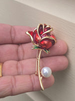 Gold Plated Red Rose brooch Lovers lucky Pin Vintage Look suit coat broach Collar CD Queen Design Celebrity Lapel Faux Pearl Stunning Design