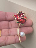Gold Plated Red Rose brooch Lovers lucky Pin Vintage Look suit coat broach Collar CD Queen Design Celebrity Lapel Faux Pearl Stunning Design