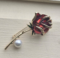 Gold Plated Red Rose brooch Lovers lucky Pin Vintage Look suit coat broach Collar CD Queen Design Celebrity Lapel Faux Pearl Stunning Design