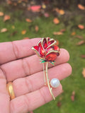Gold Plated Red Rose brooch Lovers lucky Pin Vintage Look suit coat broach Collar CD Queen Design Celebrity Lapel Faux Pearl Stunning Design