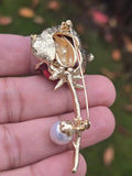 Gold Plated Red Rose brooch Lovers lucky Pin Vintage Look suit coat broach Collar CD Queen Design Celebrity Lapel Faux Pearl Stunning Design