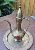Vintage Kashmiri Brass Surahi & Etched Plate Set India 1940s Persian Aftaba Ewer