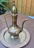 Vintage Kashmiri Brass Surahi & Etched Plate Set India 1940s Persian Aftaba Ewer