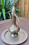 Vintage Kashmiri Brass Surahi & Etched Plate Set India 1940s Persian Aftaba Ewer