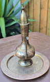 Vintage Kashmiri Brass Surahi & Etched Plate Set India 1940s Persian Aftaba Ewer