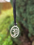 Small OM Oval Pendant Stainless Steel Hindu Nazar Shield Black Dori Necklace U92
