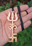 Tri Shakti Pendant Om Trishul Swastika Pure Copper Hindu Spiritual Amulet Talisman Evil Eye Protection Necklace CC53