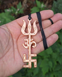 Tri Shakti Pendant Om Trishul Swastika Pure Copper Hindu Spiritual Amulet Talisman Evil Eye Protection Necklace CC53