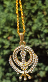Sikh Khanda pendant with Rhinestones Stunning 24ct Gold Plated Khalsa Necklace Legend Unisex Gift