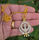Sikh Khanda pendant with Rhinestones Stunning 24ct Gold Plated Khalsa Necklace Legend Unisex Gift