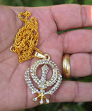 Sikh Khanda pendant with Rhinestones Stunning 24ct Gold Plated Khalsa Necklace Legend Unisex Gift