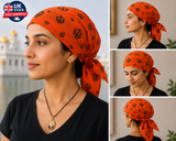 Sikh Rumal Punjabi Bandana Orange Khanda Print Head Wrap Handkerchief Unisex Hankie
