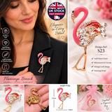Pink Flamingo Brooch Rhinestone Crystal Bird Pin Gold plated Vintage Look Gift S23 King Queen Broach
