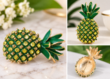 Pineapple Brooch Gold Plated Green Enamel Rhinestone Vintage Look Celebrity Pin K22 Unisex broach