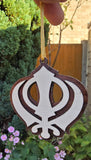 Wooden Khanda Car Hanger Punjabi Sikh kaur Evil Eye Protection Mirror Pendant Nazar Shield