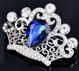 Crown Brooch Vintage Look Royal Design Silver Plated Blue Rhinestone Broach ZY4