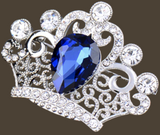 Crown Brooch Vintage Look Royal Design Silver Plated Blue Rhinestone Broach ZY4