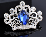 Crown Brooch Vintage Look Royal Design Silver Plated Blue Rhinestone Broach ZY4