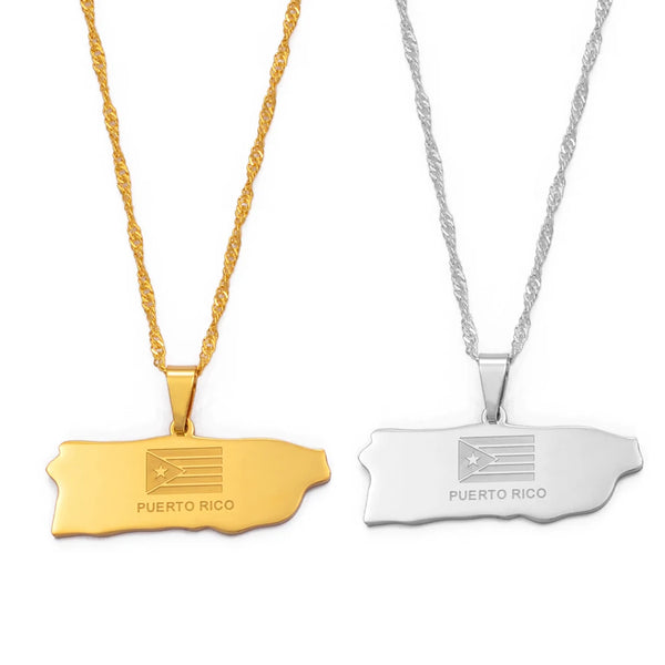 Anniyo 3.4cm Puerto Rico Map Flag Pendant Necklaces Etched PR Puerto Ricans Jewelry @002321