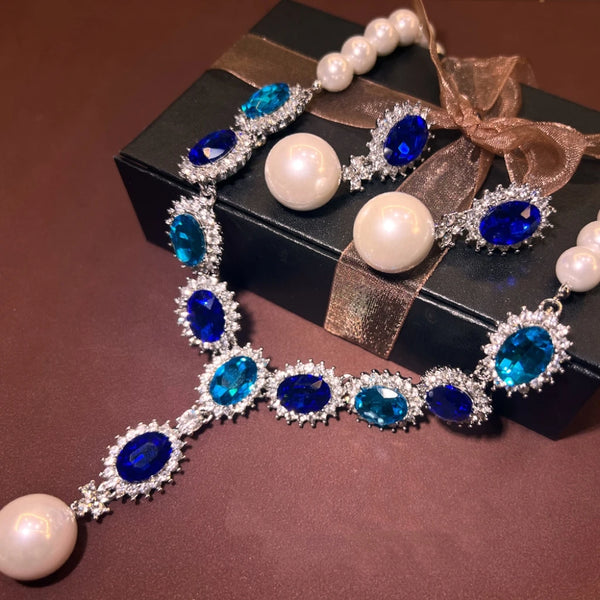 Retro Fashion Pearl Blue Stone Necklace Earrings Multi functional Light Luxury Regular Clavicle Chain Women's Jewelry Gifts