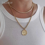 10pcs Waterproof Stainless Steel Box Chain Jewelry Lucky Six Pence U.K Elizabeth Coin Gold Color Women Medallion Necklace Tiki
