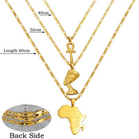 Anniyo 3Pieces Ankh Nefertiti & Africa Map Pendant Necklaces Gold Color Wedding Birthday Party Ethnic Jewelry Women Men #256306