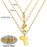 Anniyo 3Pieces Ankh Nefertiti & Africa Map Pendant Necklaces Gold Color Wedding Birthday Party Ethnic Jewelry Women Men #256306