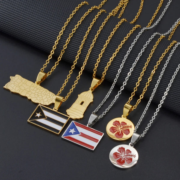 PR Puerto Rico Pendant Necklaces for Women Girls Stainless Steel Hawaii Guam Guadeloupe Mayotte Hibiscus Flowers Jewelry #512862
