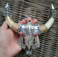 Wild Pig Teeth Embedded Alloy Ox Head Wild Boar Tooth Amulet Pendant