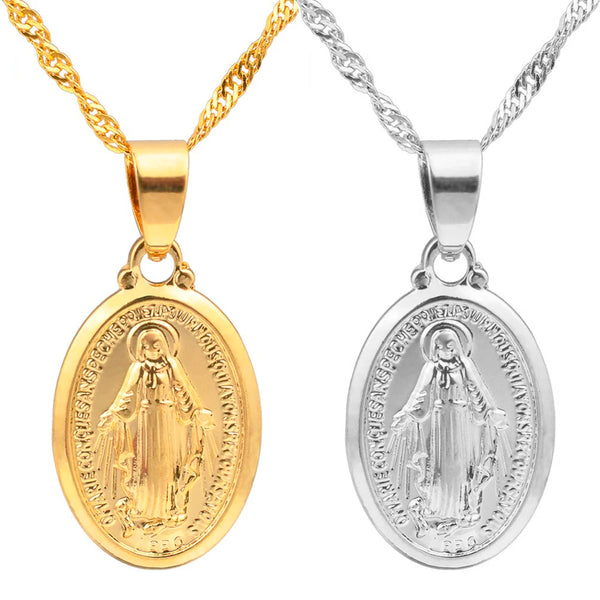 Anniyo Virgin Mary Pendant Necklace for Women,Silver Color/Gold Color Our Lady Jewelry Wholesale Colar Cross Trendy Chain@006210