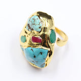 G-G Blue Turquoise Multi Color Agates Golden Ring Gold Electroplated Rings Adjustable For Lady