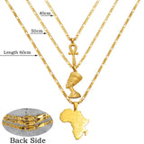 Anniyo 3Pieces Ankh Nefertiti & Africa Map Pendant Necklaces Gold Color Wedding Birthday Party Ethnic Jewelry Women Men #256306