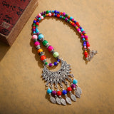 Bohemia Vintage Ethnic Leaf Red Stone Tassel Necklace For Women Gypsy Sliver Color Long Chain Necklace For Girls Tibetan Jewelry
