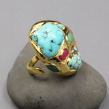 G-G Blue Turquoise Multi Color Agates Golden Ring Gold Electroplated Rings Adjustable For Lady