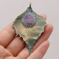 Natural Agates Stone Pendant Charms Leaf Shape Druzy Stone Pendant for Making DIY Jewerly Necklace Accessories 45x70mm