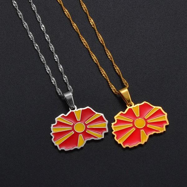Anniyo North Macedonia Map Flag Pendant Necklaces For Women Girls Silver Color/Gold Color Jewelry  #258821